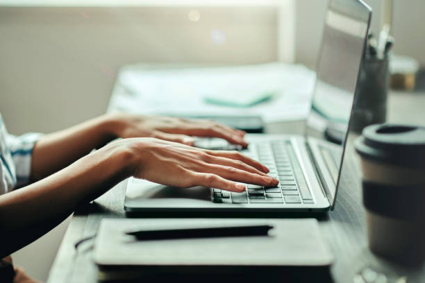 Typing, networking or hands on laptop for internet research, social media content or communication. Tech, email or hand in office planning data analytics for social network, blog review or media app