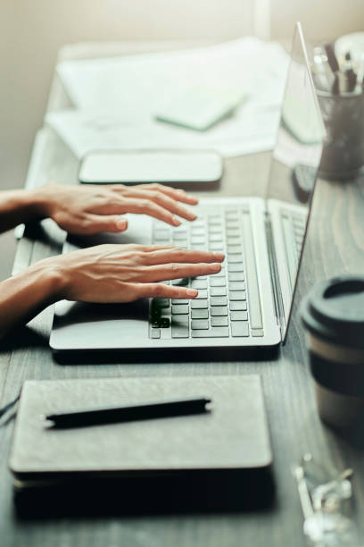 istock Search, strategy or hands typing on laptop for internet research, social media content or networking. Tech, hand on keyboard for data analysis social network goal, blog review or media app web design 1460121050