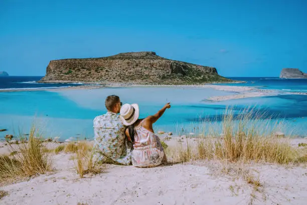Balos Beach Crete Greece, Balos beach is one of the most beautiful beaches in Greece the Greek Island couple visit the beach during a vacation holiday in Greece
