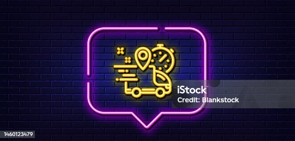 istock Express delivery line icon. Courier truck location sign. Neon light speech bubble. Vector 1460123479