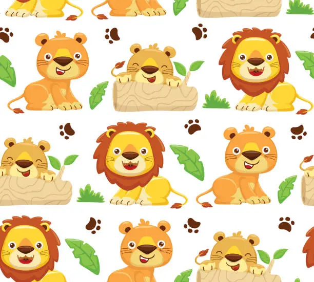 Vector illustration of Seamless pattern vector of cartoon lion family, jungle elements illustration