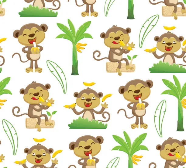 Vector illustration of Seamless pattern vector of cartoon monkey with banana fruit, banana garden elements