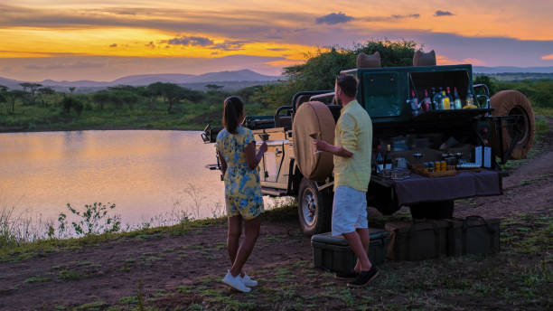 paar männer und asiatische frau auf safari in südafrika, luxus safari auto pirschfahrt südafrika - kruger national park national park southern africa africa stock-fotos und bilder