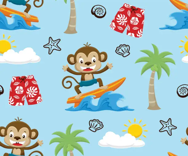 Vector illustration of Seamless pattern vector of cartoon monkey surfing, summer beach vacation element