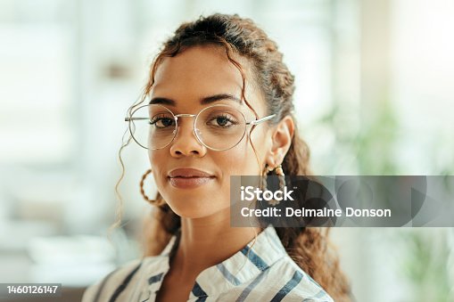 istock Business woman, face portrait and vision for leadership, growth and success in career with glasses. Female entrepreneur, leader and manager headshot with motivation for future development in office 1460126147