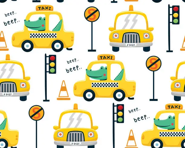 Vector illustration of Seamless pattern vector of cartoon crocodile on taxi, traffic elements with funny yellow taxi