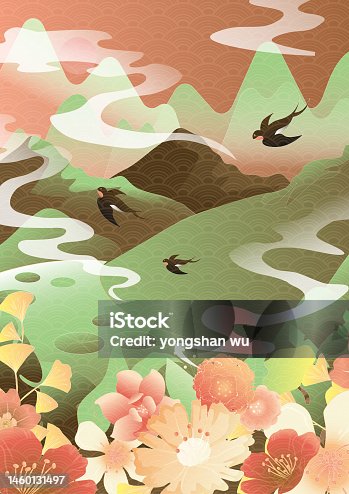 istock Asian style, Chinese style, national tide, ancient style, traditional classical auspicious color flowers, swallows surrounded by mountains, 
forests and rivers, outdoor landscape shading, poster, greeting card, background wall decoration painting 1460131497