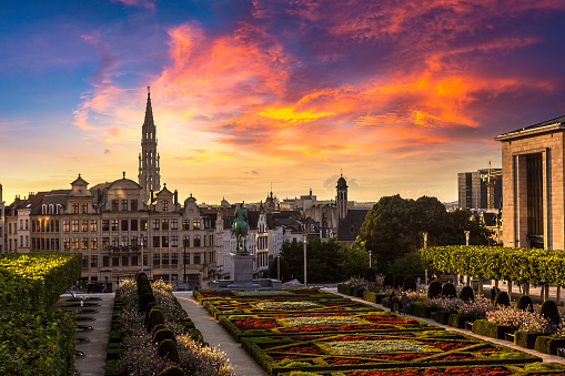 The Mont des Arts garden and cityscape of Brussels in a beautiful summer night, Belgium