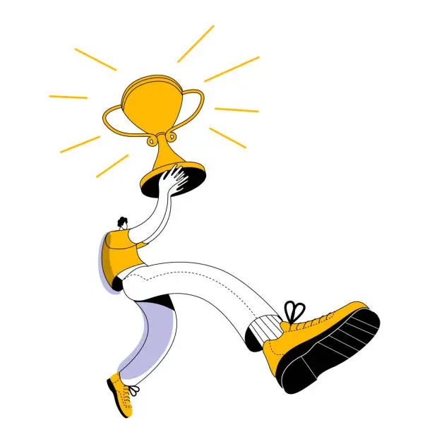 Vector illustration of A man walks merrily with a victory cup in his hands.