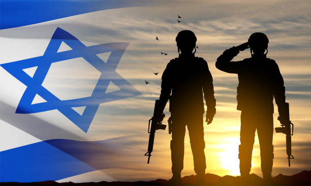 istock Silhouette of soldiers with Israel flag 1460154806
