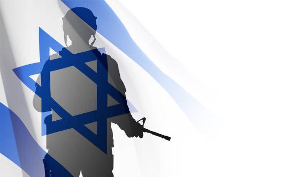 siluet prajurit dengan bendera israel - angkatan pertahanan israel ilustrasi stok