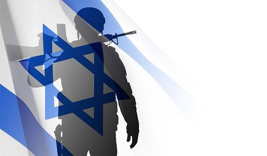 Silhouette of soldier with Israel flag on white background. Concept - armed forces of Israel. EPS10 vector