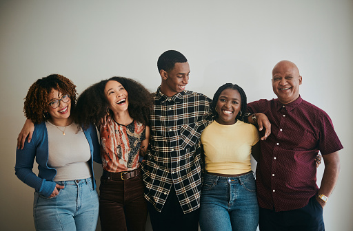 Diversity, team and portrait with happy people and business, creative group with solidarity at startup. Collaboration, support with men and women, community trust and global, work together with smile