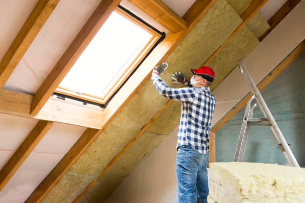 Installing insulation in attic for home renovation. Ecological home concept.