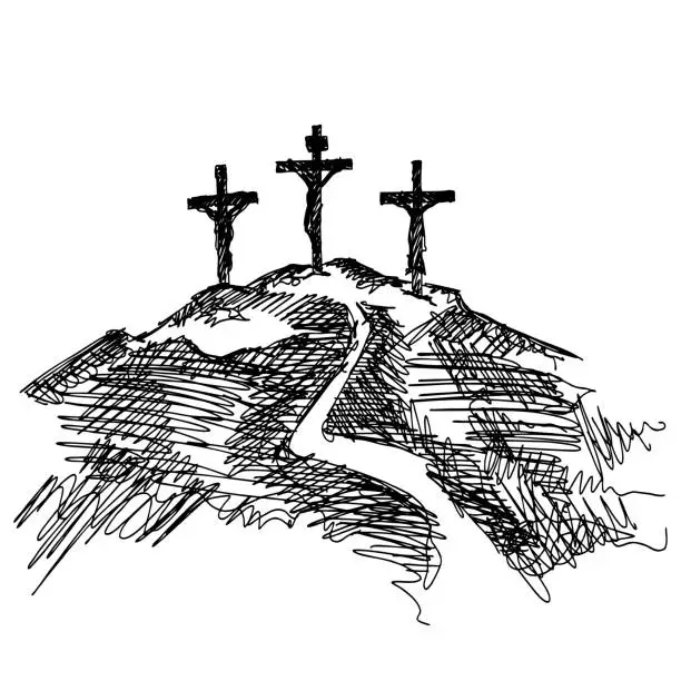 Vector illustration of Hand-drawn vector illustration for Easter. Three crosses on top of Mount Calvary, near Jerusalem.