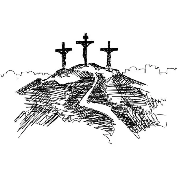 Vector illustration of Hand-drawn vector illustration for Easter. Three crosses on top of Mount Calvary, near Jerusalem.