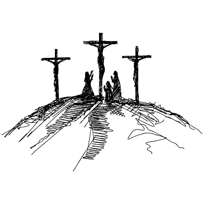 Hand-drawn vector illustration for Easter. Three crosses on top of Mount Calvary, near Jerusalem. People next to the cross of the crucified Jesus Christ.