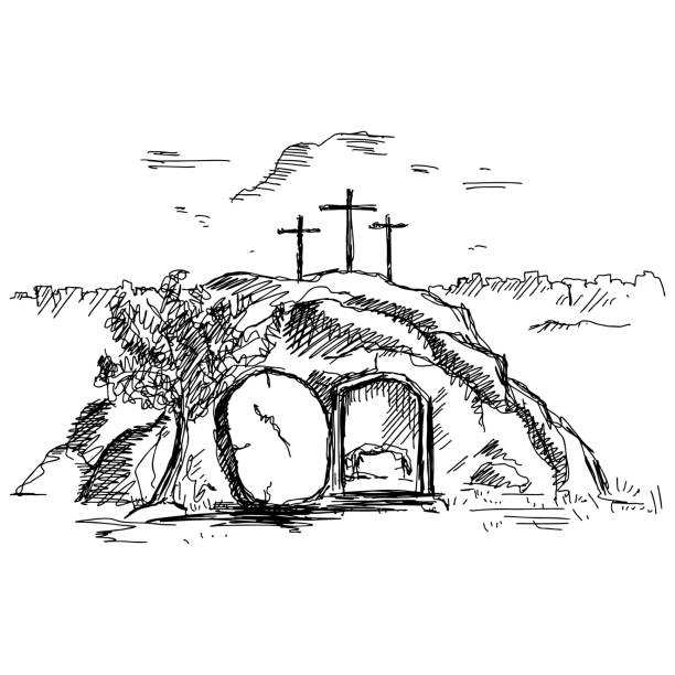 illustrations, cliparts, dessins animés et icônes de illustration vectorielle dessinée à la main pour pâques. le tombeau vide après la résurrection de jésus-christ. - jerusalem hills