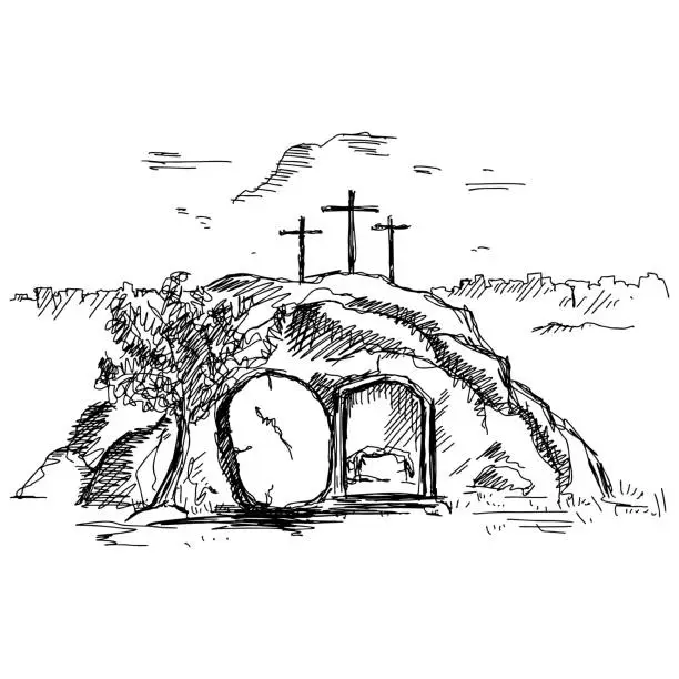 Vector illustration of Hand-drawn vector illustration for Easter. The empty tomb after the resurrection of Jesus Christ.