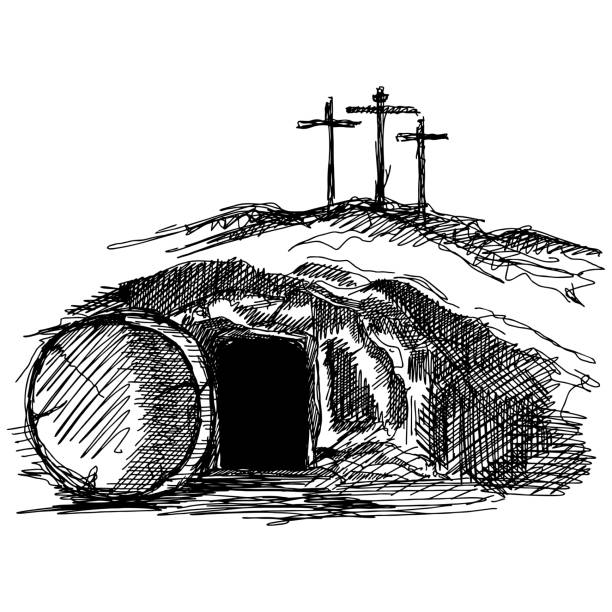 ilustrações, clipart, desenhos animados e ícones de ilustração vetorial desenhada à mão para a páscoa. o túmulo vazio após a ressurreição de jesus cristo. - tomb