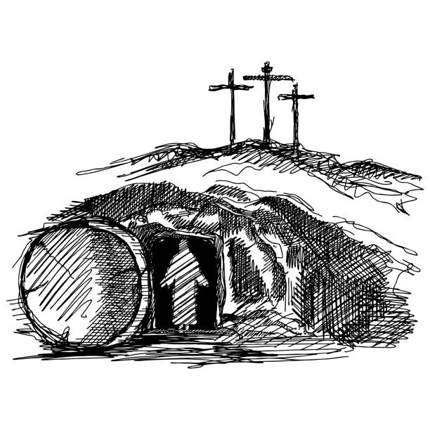 ręcznie rysowana ilustracja wektorowa na wielkanoc. zmartwychwstały jezus chrystus wyszedł z pustego grobu. - tomb stock illustrations