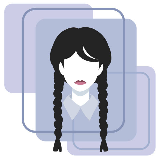 Illustration of a girl with black braids in silhouette style with rectangular design backgrounds. Gothic illustration of a girl with braided black hair. It is drawn in dark tones and in flat design. The background design is a combination of rectangles. black hair braiding stock illustrations