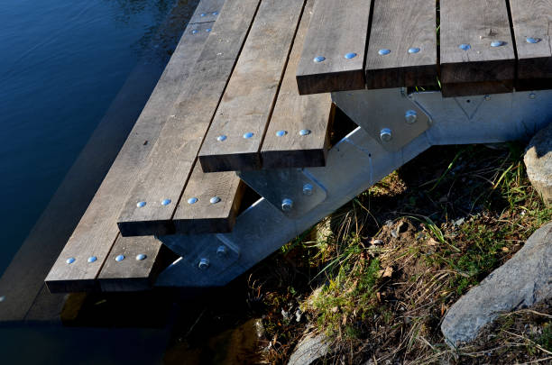 istock access to water after galvanized staircase construction. entrance for ice skaters in winter to the frozen pond. refreshment after sauna.stone slate, lawn, seat, sit, wide, natural pool resort, drone 1460165732