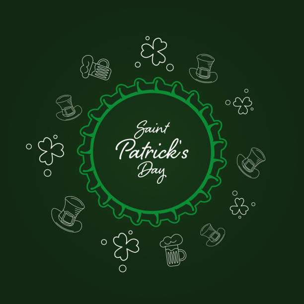 ilustrações, clipart, desenhos animados e ícones de fundo do dia de saint patrick com tampa da garrafa, trevo, chapéu e copo de cerveja - saint patricks banner green beer patrick leprechaun hat