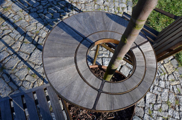 circle cafe table with chairs in the lawn. meadow morning coffee and tea. practical metal furniture with a bronze edge. A wooden table with a hole for a tree trunk through the table top.