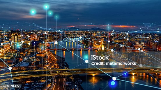 istock Modern cityscape and communication network concept. Telecommunication. IoT (Internet of Things). ICT (Information communication Technology). 5G. Smart city. Digital transformation. 1460170392