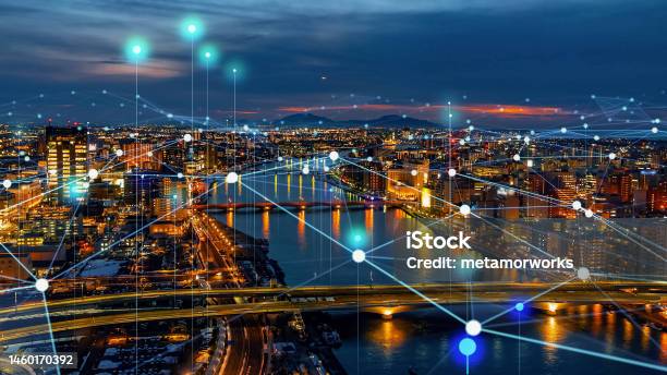 Modern Cityscape And Communication Network Concept Telecommunication Iot 5g Smart City Digital Transformation Stock Photo - Download Image Now