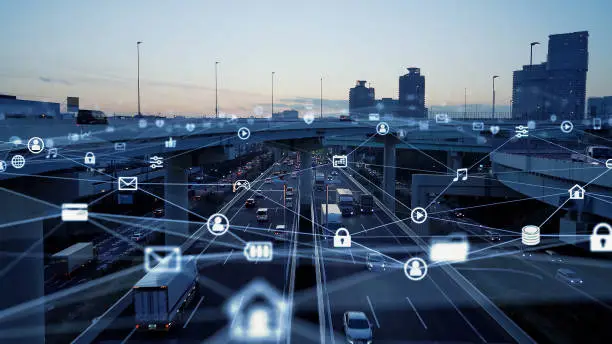 Photo of Transportation and technology concept. ITS (Intelligent Transport Systems). Mobility as a service.Telecommunication. IoT (Internet of Things). ICT (Information communication Technology).