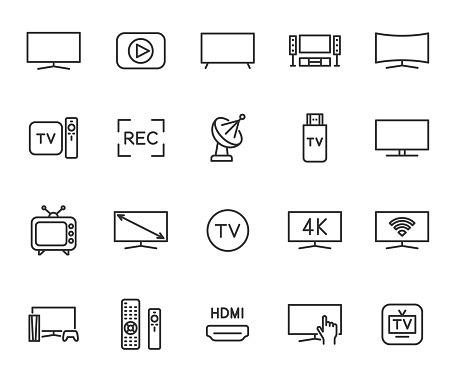Vector set of TV line icons. Contains icons set top box, satellite dish, remote control, screen, recording, home cinema, HDMI and more. Pixel perfect.