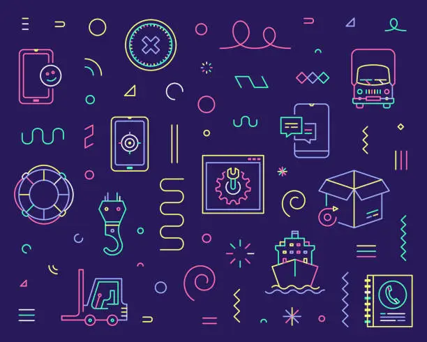 Vector illustration of Line Icon Set & Pattern for Depot & Container Services