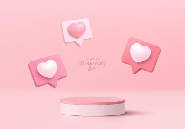 Realistic pink 3D cylinder pedestal podium background, Icons emoji love heart shape. Valentine pastel minimal wall scene mockup products showcase, Promotion display. Vector abstract  geometric forms. vector art illustration