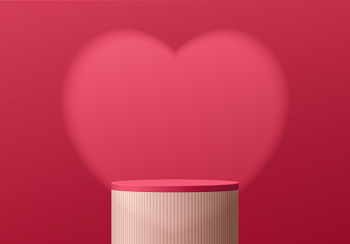 Realistic red pink, white cylinder stand podium 3D background with shadow heart shape scene. Valentine minimal wall scene mockup products showcase, Promotion display. Vector abstract geometric forms.
