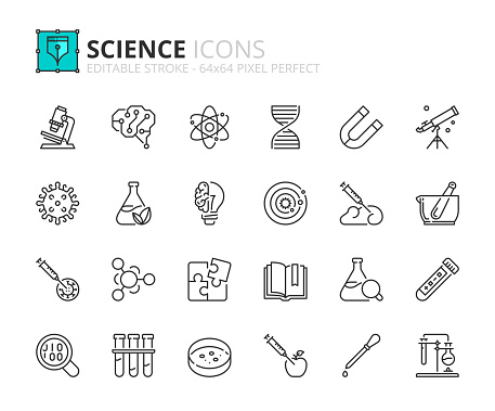 Outline icons about science. Contains such icons as laboratory, vaccine,  chemistry, artificial intelligence, gmo, and nano technology. Editable stroke Vector 64x64 pixel perfect