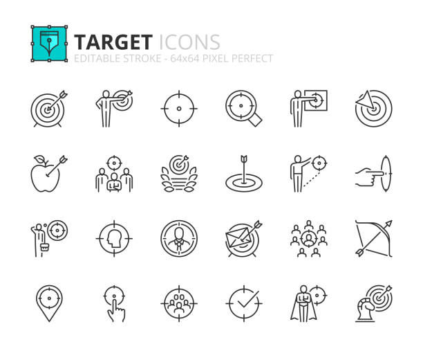 Simple set of outline icons about target. Business concepts Outline icons about target. Business concepts. Contains such icons as businessman with dart, marketing, goal, targeting strategy and audience. Editable stroke Vector 64x64 pixel perfect laureate stock illustrations