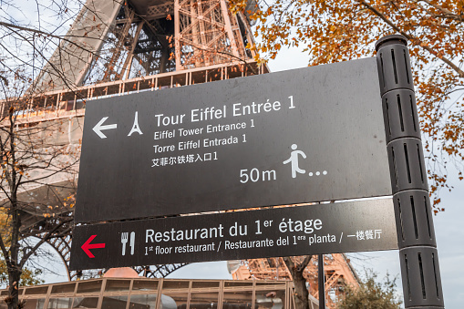 Eiffel Tower entrance 1 and first floor restaurant sign in Paris, France in October