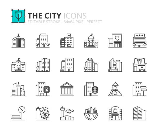 Simple set of outline icons about the city Line iconsabout the city. Contains such icons as apartments, office, bank, hospital, buildings, skyscraper, mall and park. Editable stroke Vector 64x64 pixel perfect city stock illustrations