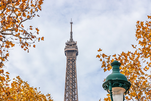 Aerial view of Paris with Arc de Triomphe and Eiffel tower