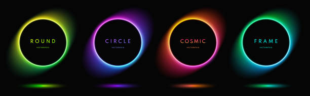 Blue, red-purple, green illuminate neon light round frame design. Abstract cosmic vibrant colorful circle border. Top view futuristic style. Set of glowing neon lighting isolated on black background. vector art illustration