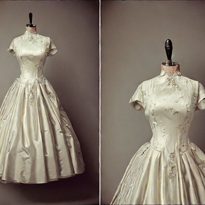 A beautiful shot of a historical vintage white wedding dress