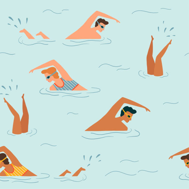 Repeated background with people  swimming in the sea or in the ocean. Seamless pattern with man and woman swim in swimming pool. Summertime beach vector illustration. Flat design. Repeated background with people  swimming in the sea or in the ocean. Seamless pattern with man and woman swim in swimming pool. Summertime beach vector illustration. Flat design. water sport illustrations stock illustrations