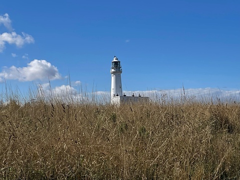 The Flamborough head lighthouse captured behind tall grass against the blue sky with clouds