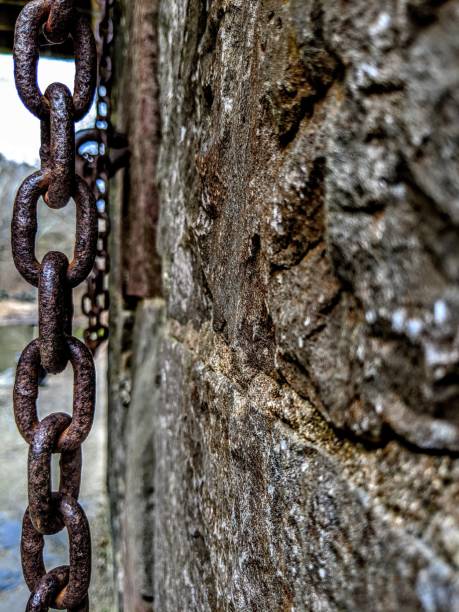 istock Vertical shot of a grunge wall with rusty chains hanging from it on the blurred background 1460194104