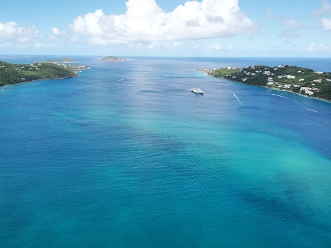 An aerial shot of Magens Bay in Saint Thomas, Virgin Islands, Caribbean
