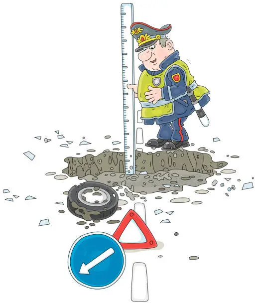 Vector illustration of Traffic cop measuring a depth of a road pothole