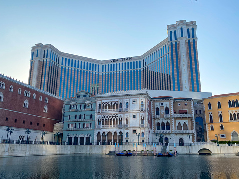 Las Vegas, USA - September 8, 2015: Exterior views of the Bellagio Casino on the strip on September 8, 2015. The Bellagio is a famous and popular luxury casino with a big lake in front of it.