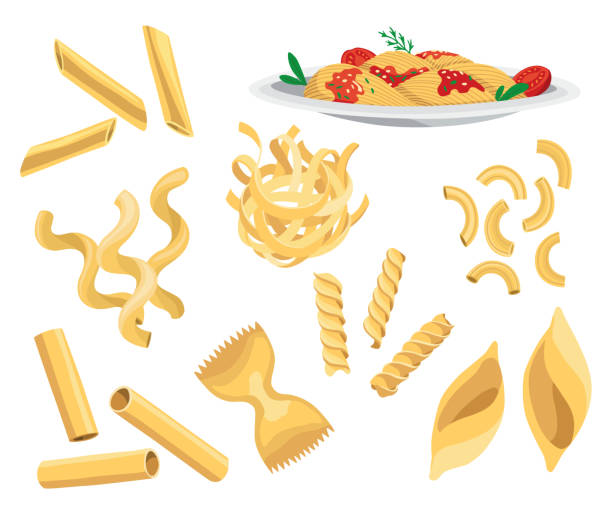 パスタの種類が違います。イタリアンフードコレクション。レストランのおいしいメニューのイラスト。乾麺と生マカロニ盛り合わせ。イタリア料理、さまざまな形の小麦粉製品 - wheat pasta flour italy点のイラスト素材／クリップアート素材／マンガ素材／アイコン素材